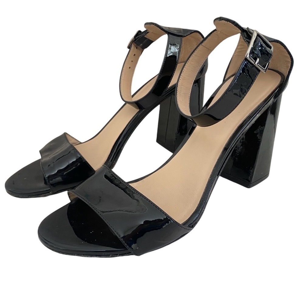 M Gemi Patent Leather Ankle Wrap Block Heels